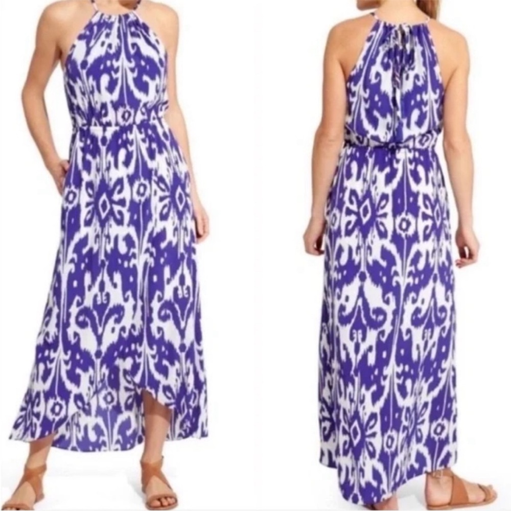ATHLETA Ikat Bloom Ripple Maxi Dress Blue White Built in Bra Women’s-SMALL